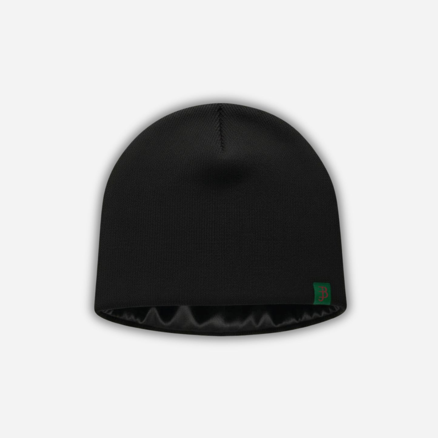Black beanie with a logo on a light gray background