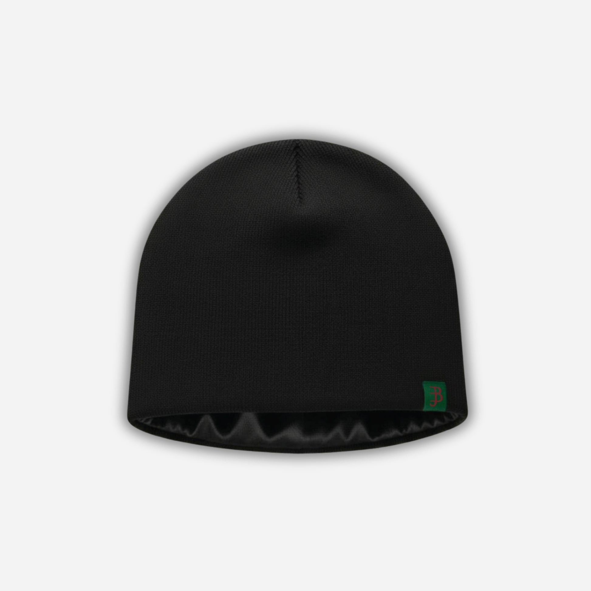 Black beanie with a logo on a light gray background