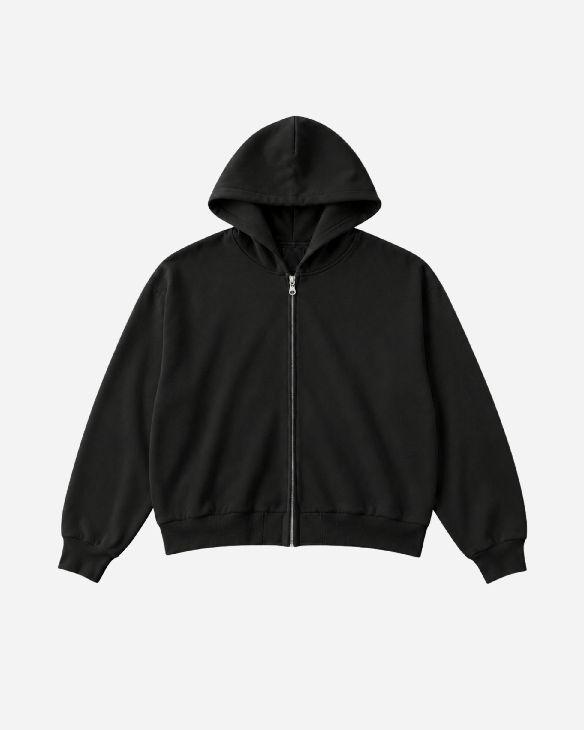 Black zip-up hoodie with a hood, displayed on a plain background.