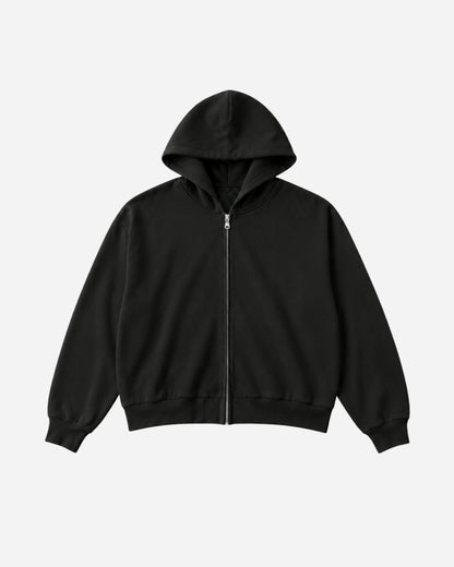 Black zip-up hoodie with a hood, displayed on a plain background.