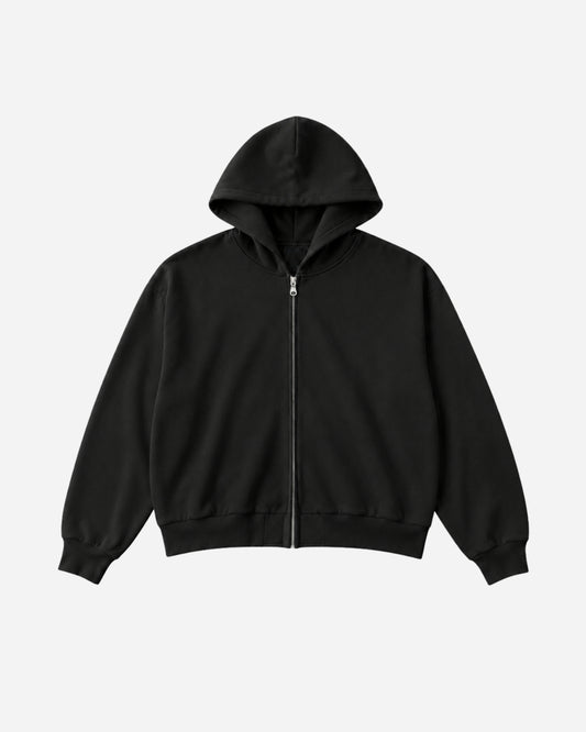 Black zip-up hoodie with a hood, displayed on a plain background.