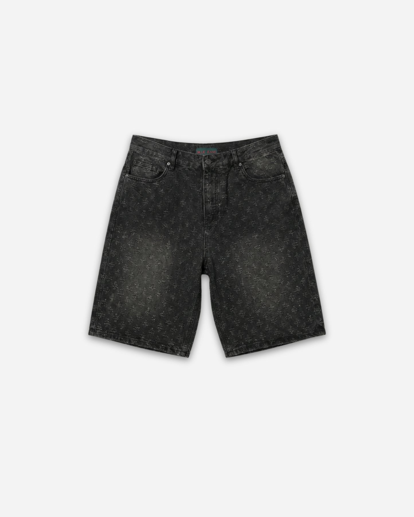 Black patterned shorts displayed on a plain background.