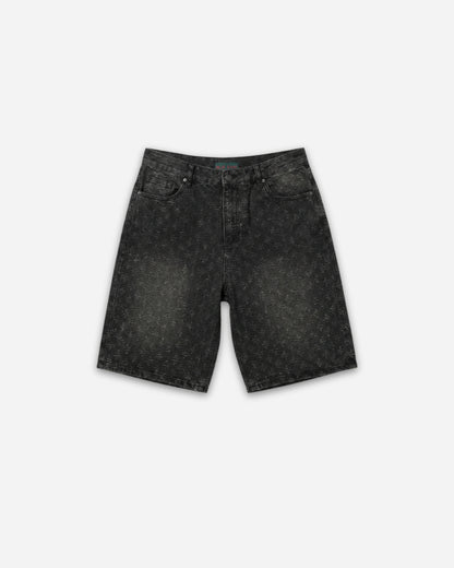 Black patterned shorts displayed on a plain background.