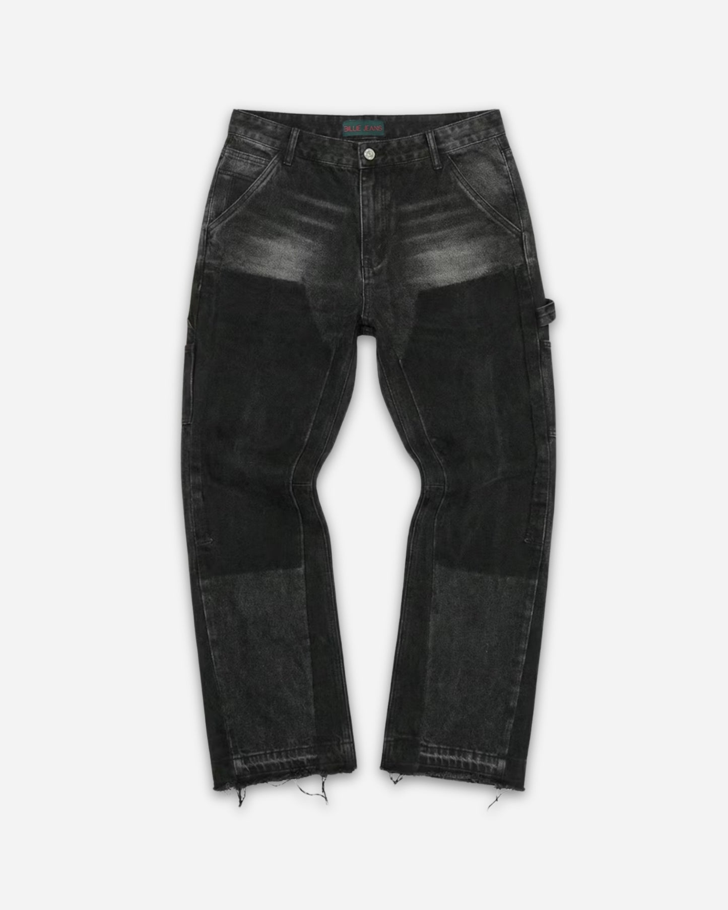 Black jeans with varying shades and distressed hem, displayed on a plain background.