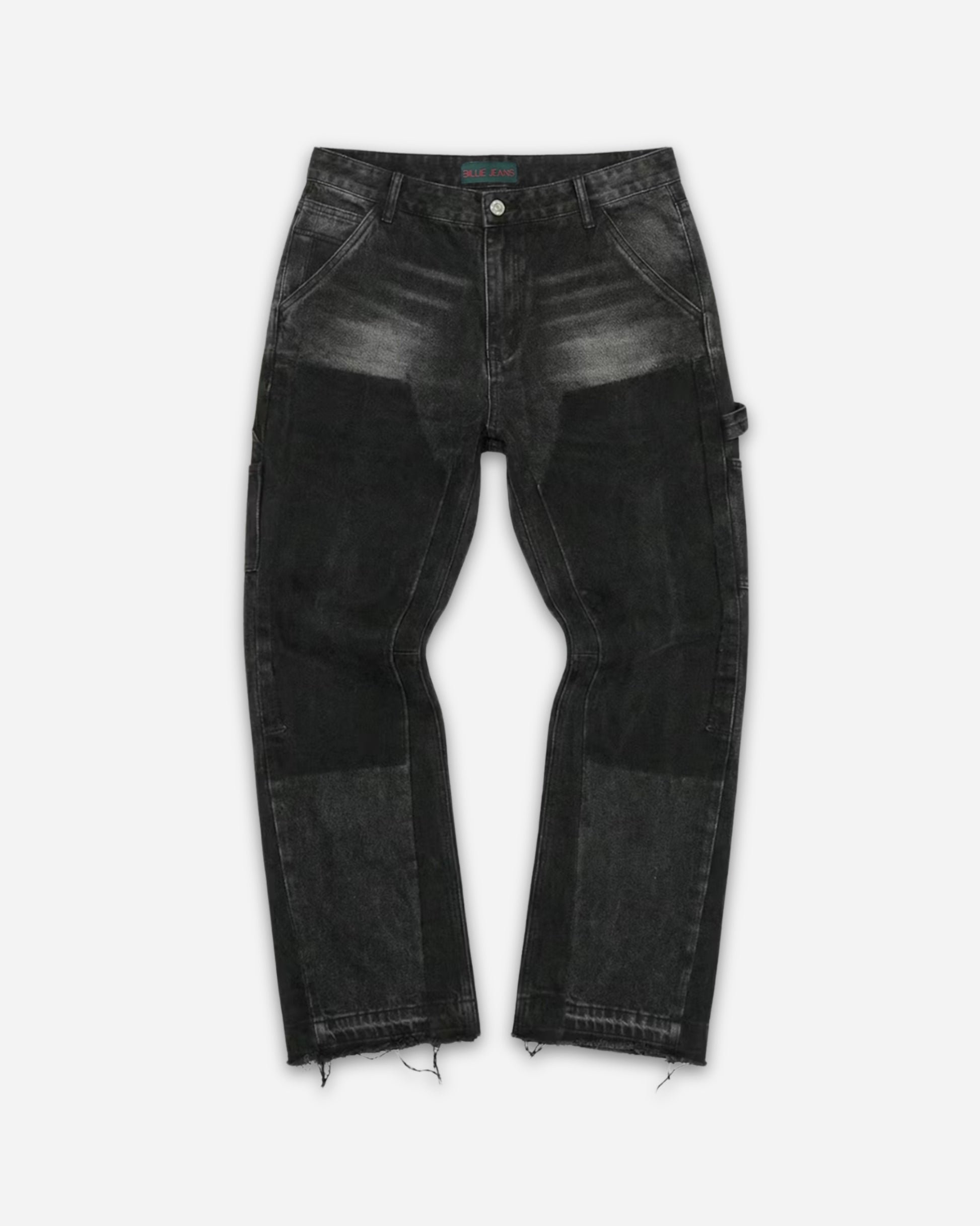 Black jeans with varying shades and distressed hem, displayed on a plain background.