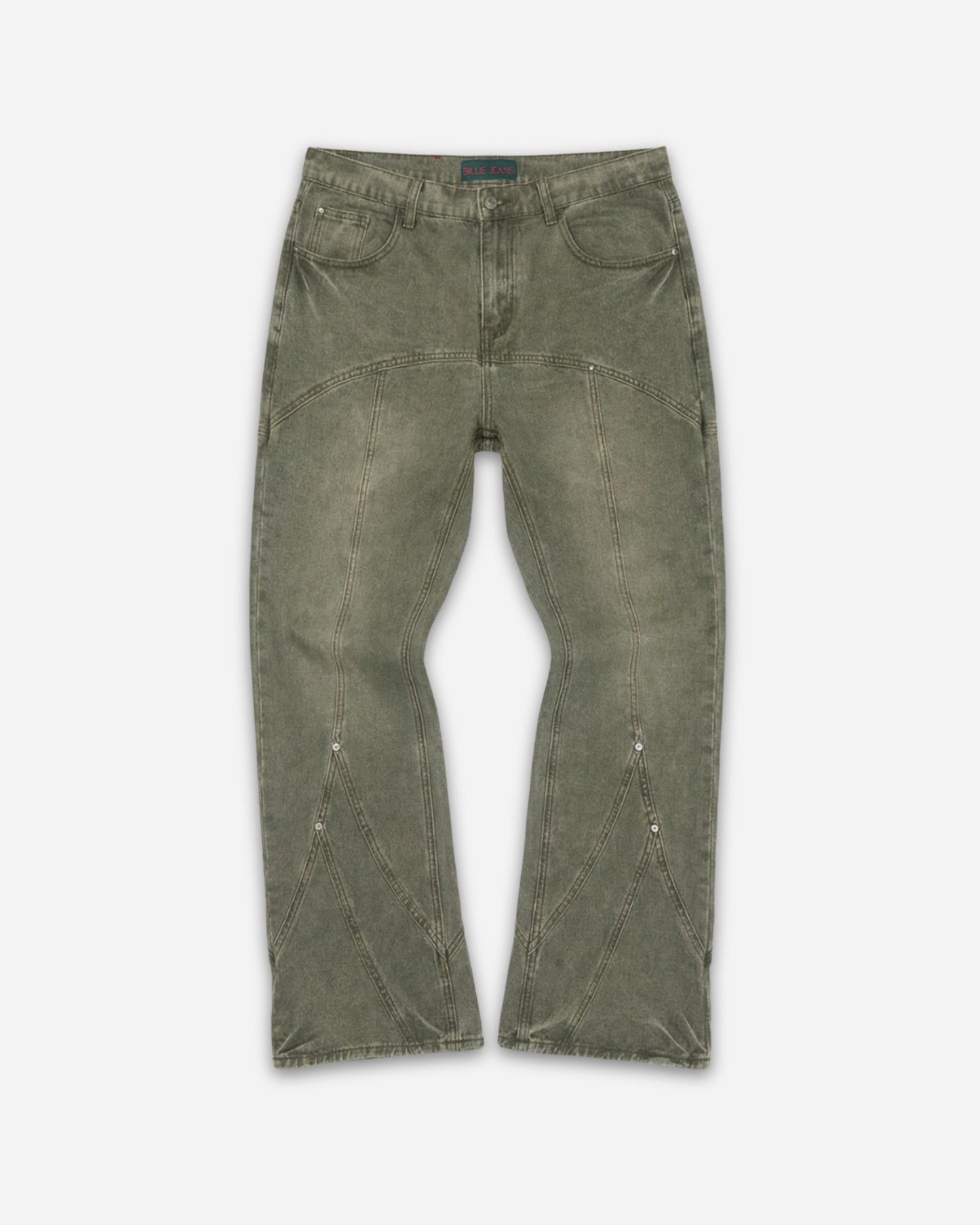 Olive green jeans with unique stitching and pockets, laid flat on a plain background.