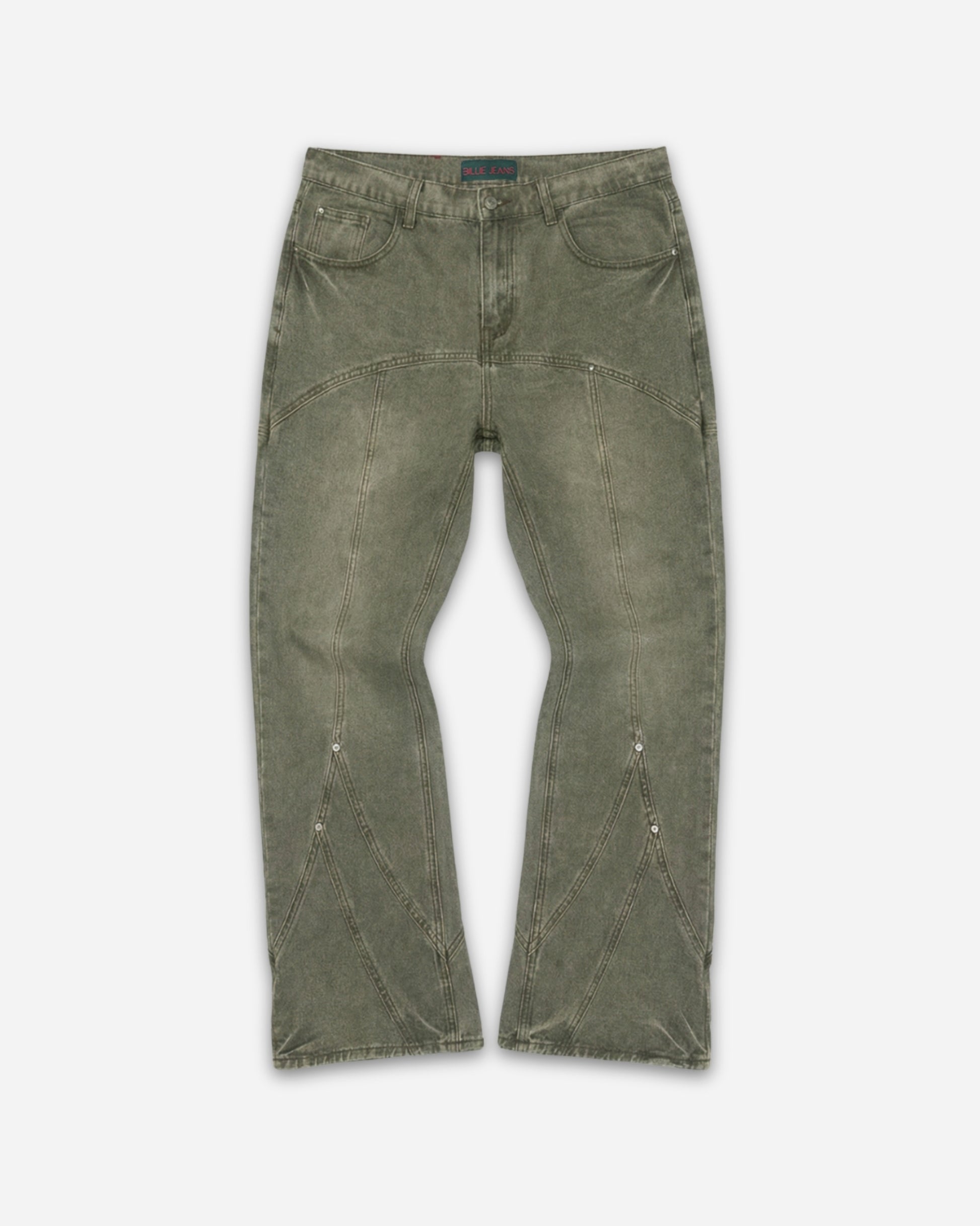 Olive green jeans with unique stitching and pockets, laid flat on a plain background.