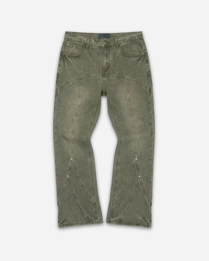 Olive green jeans with unique stitching and pockets, laid flat on a plain background.