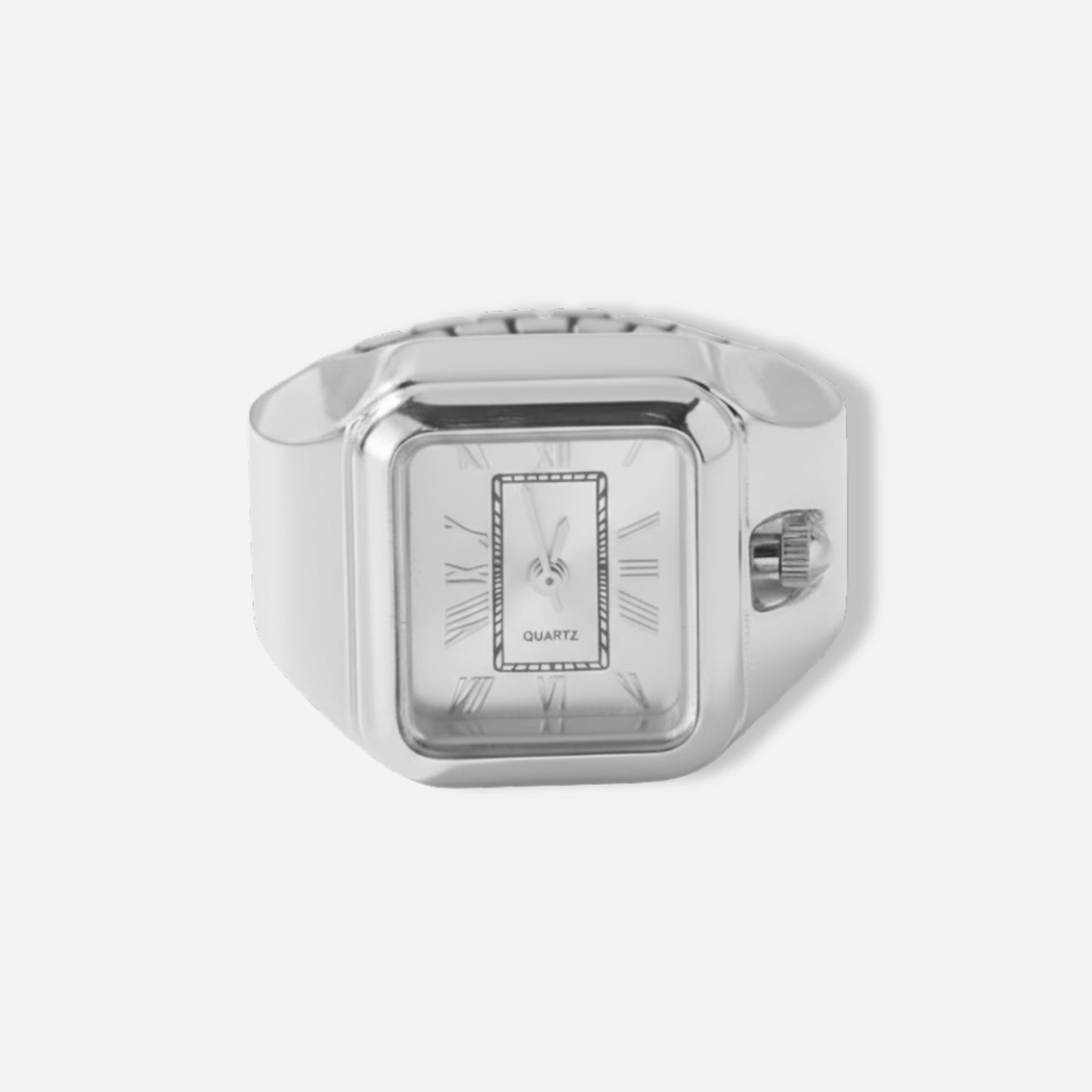 Silver ring watch with a square watch face on a white background