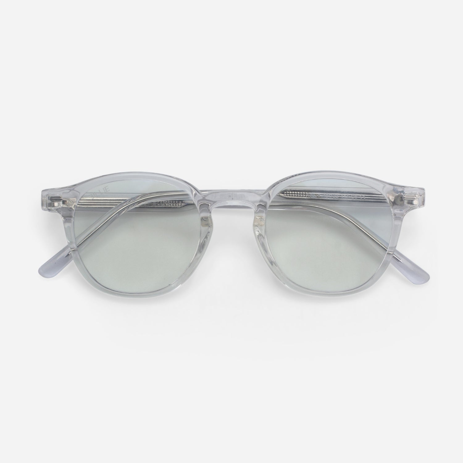 Clear frame Blue light glasses with reflective lenses on a white background