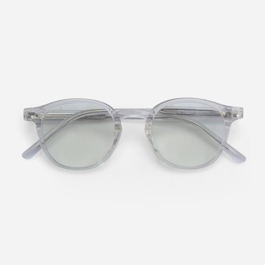 Clear frame Blue light glasses with reflective lenses on a white background