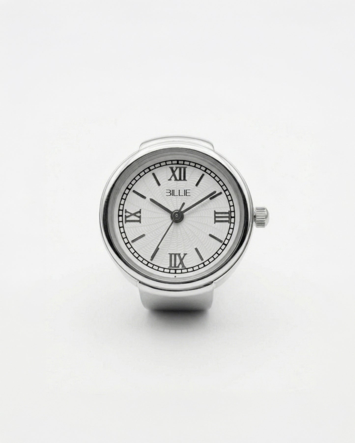 Silver watch with a white face and Roman numerals on a plain background.