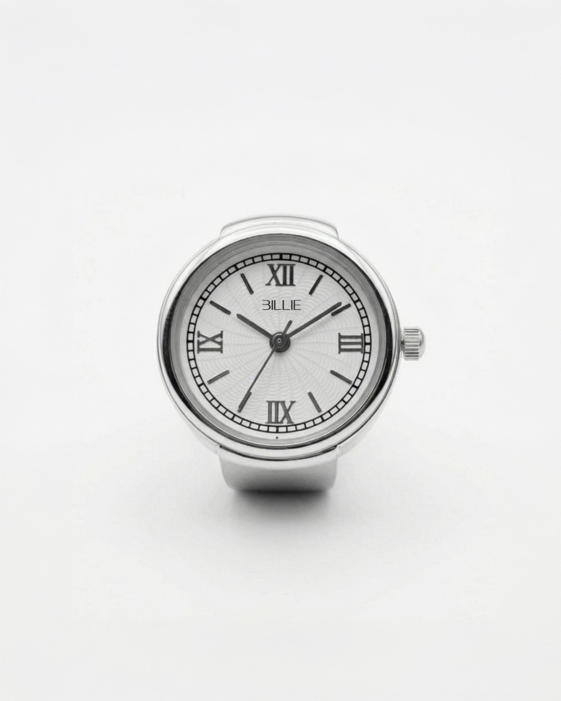 Silver watch with a white face and Roman numerals on a plain background.