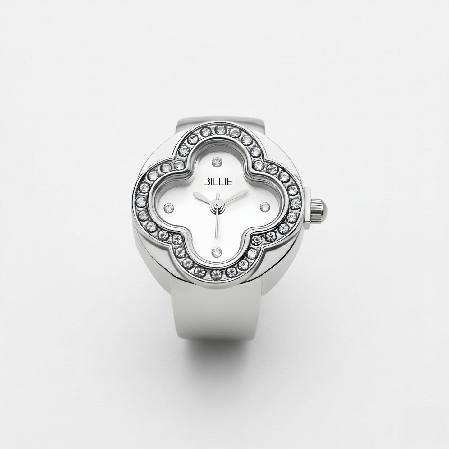 Silver watch with decorative face on a white background