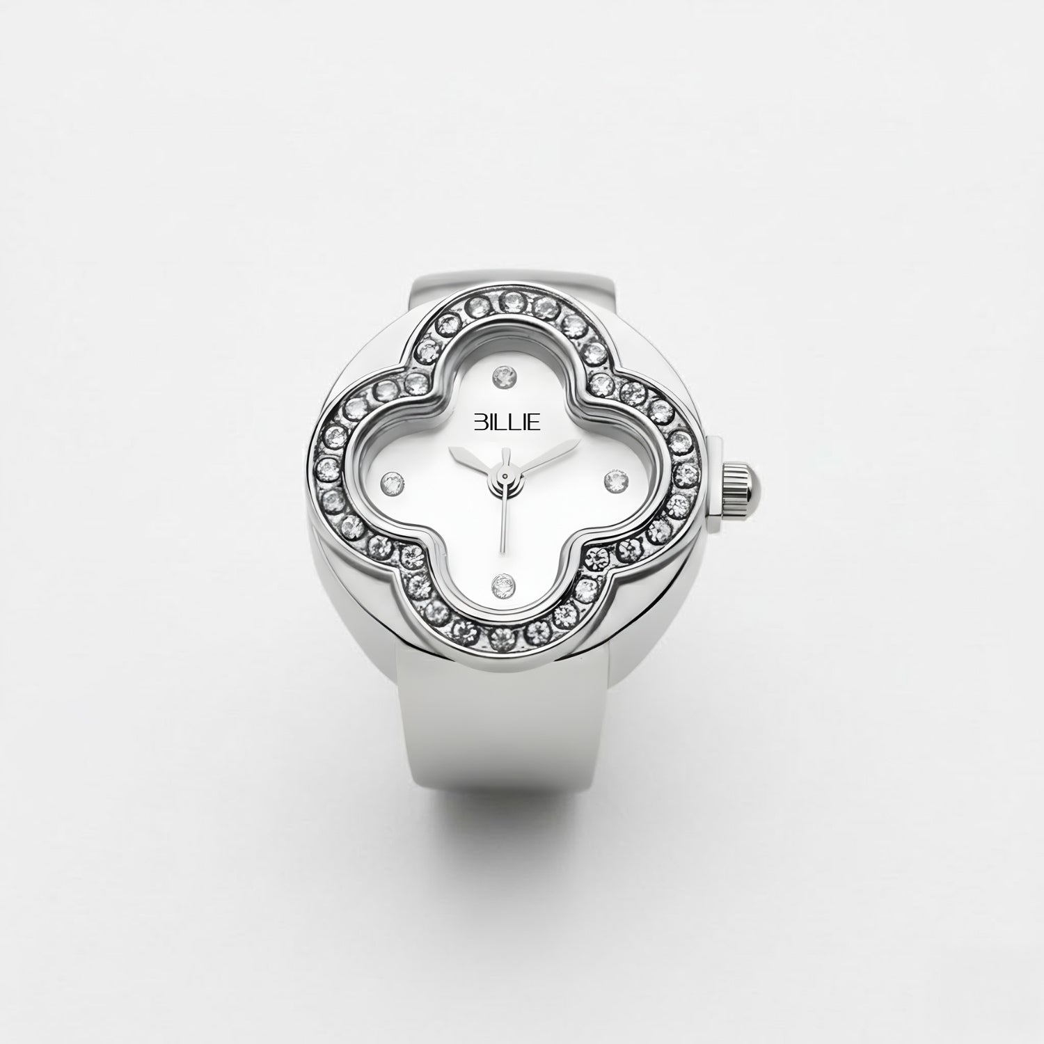 Silver watch with decorative face on a white background