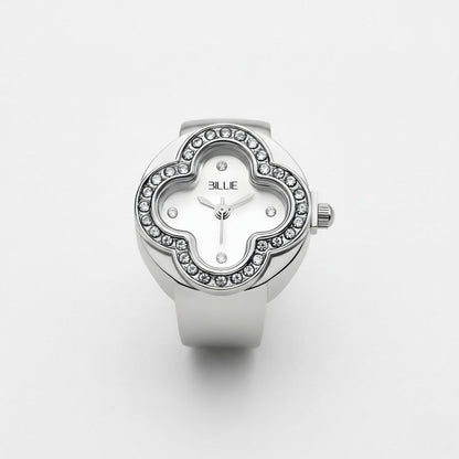 Silver watch with decorative face on a white background