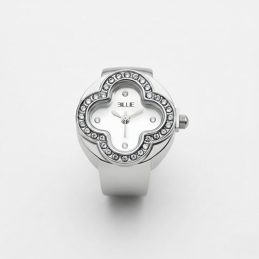 Silver watch with decorative face on a white background