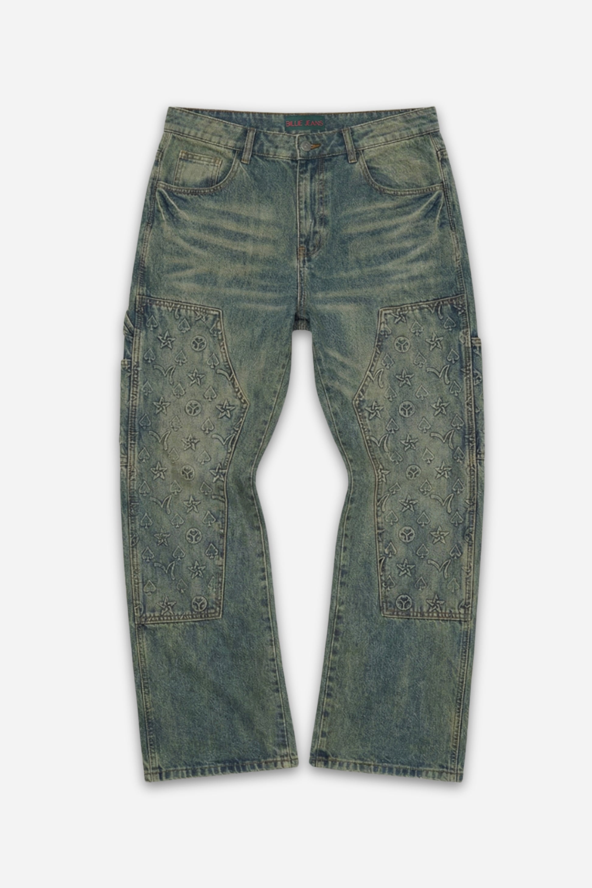Vintage green-tinted wash straight-leg jeans with embossed monogram knee panels by Billie Jeans