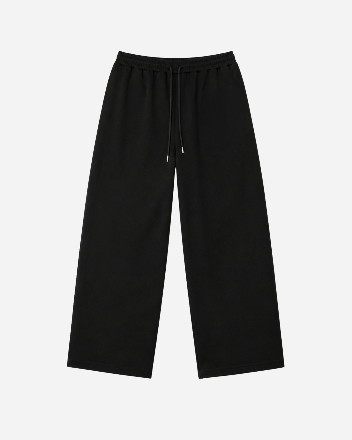 Black wide-leg pants with an elastic waistband and drawstring.