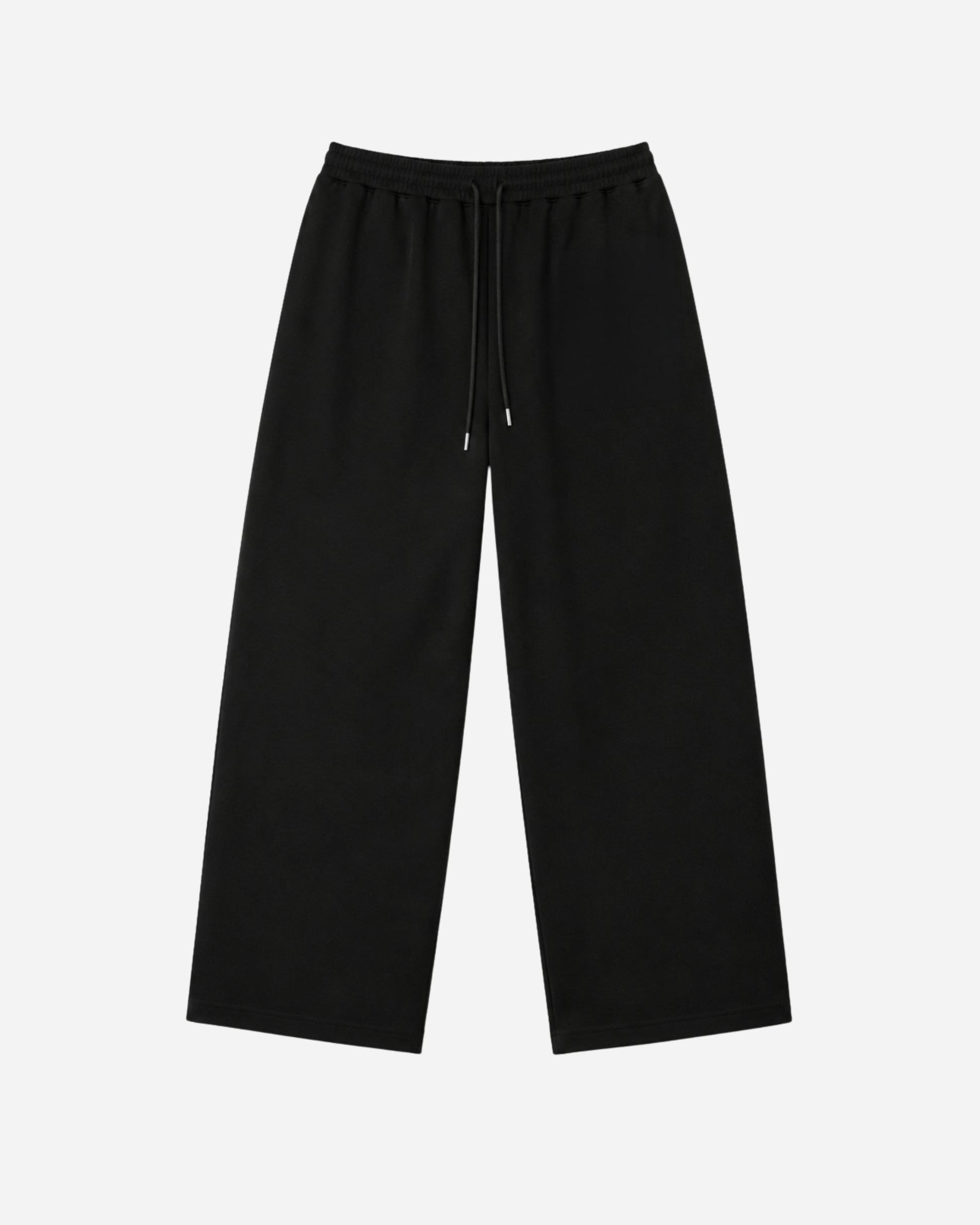 Black wide-leg pants with an elastic waistband and drawstring.