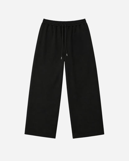 Black wide-leg pants with an elastic waistband and drawstring.