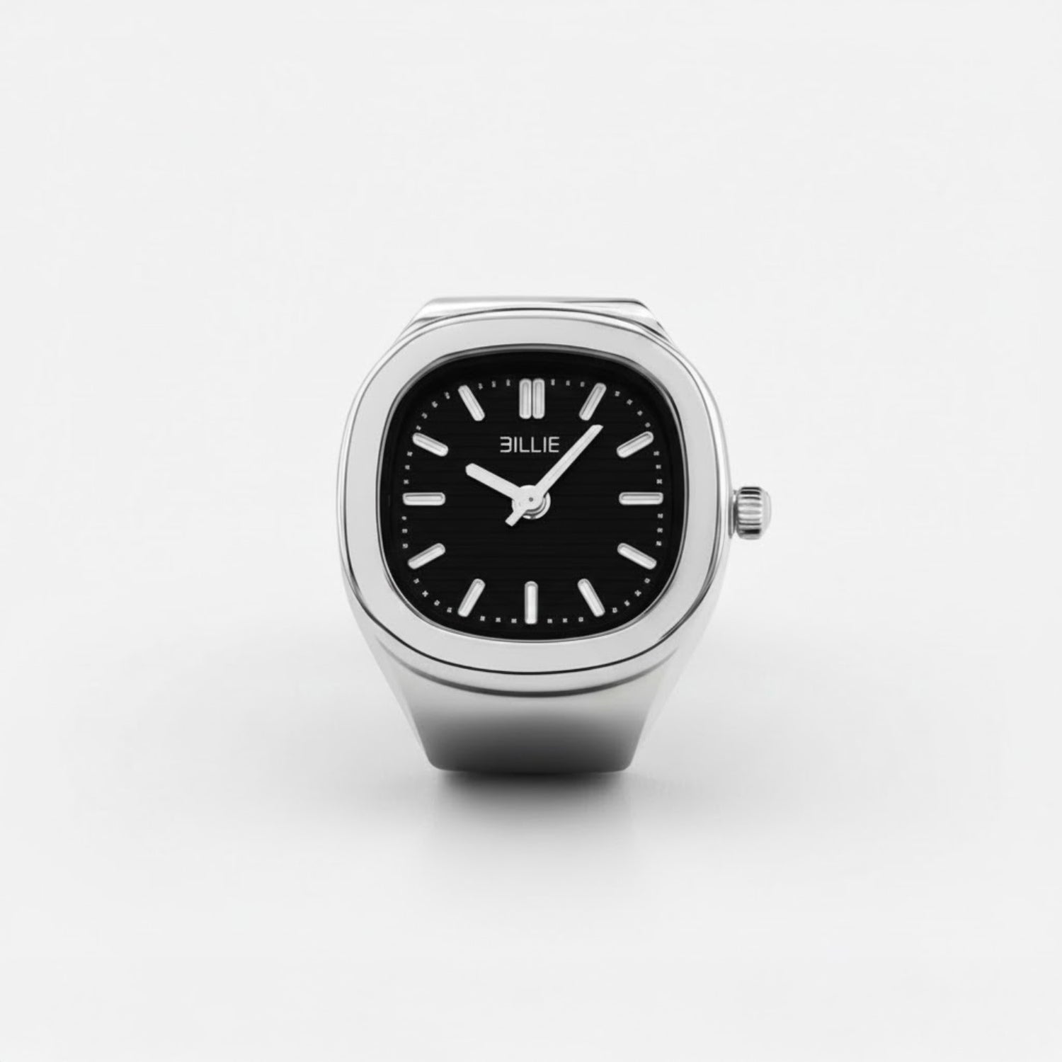 Silver watch with black face on a white background