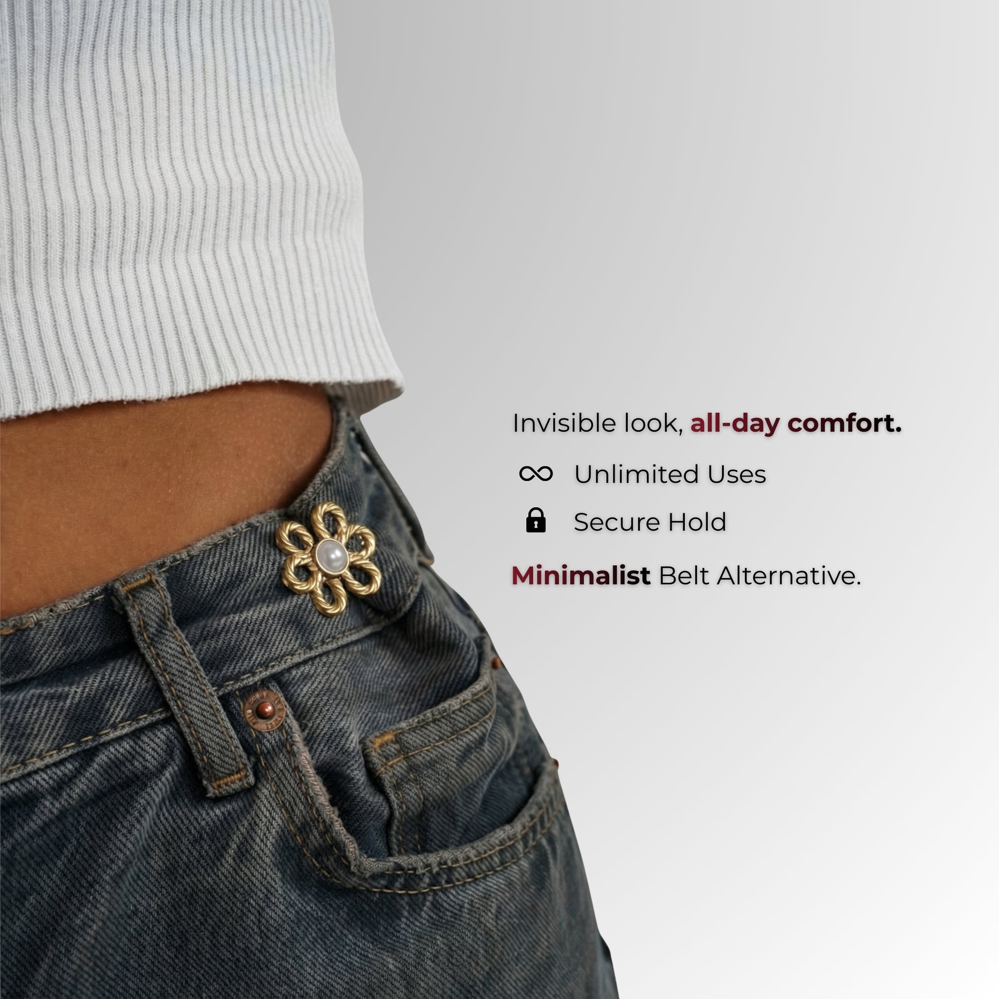 Close-up of a person wearing jeans with a belt buckle, featuring text about the product's features.