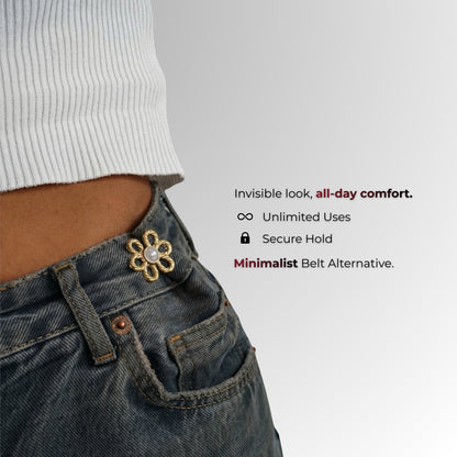 Close-up of a person wearing jeans with a belt buckle, featuring text about the product's features.