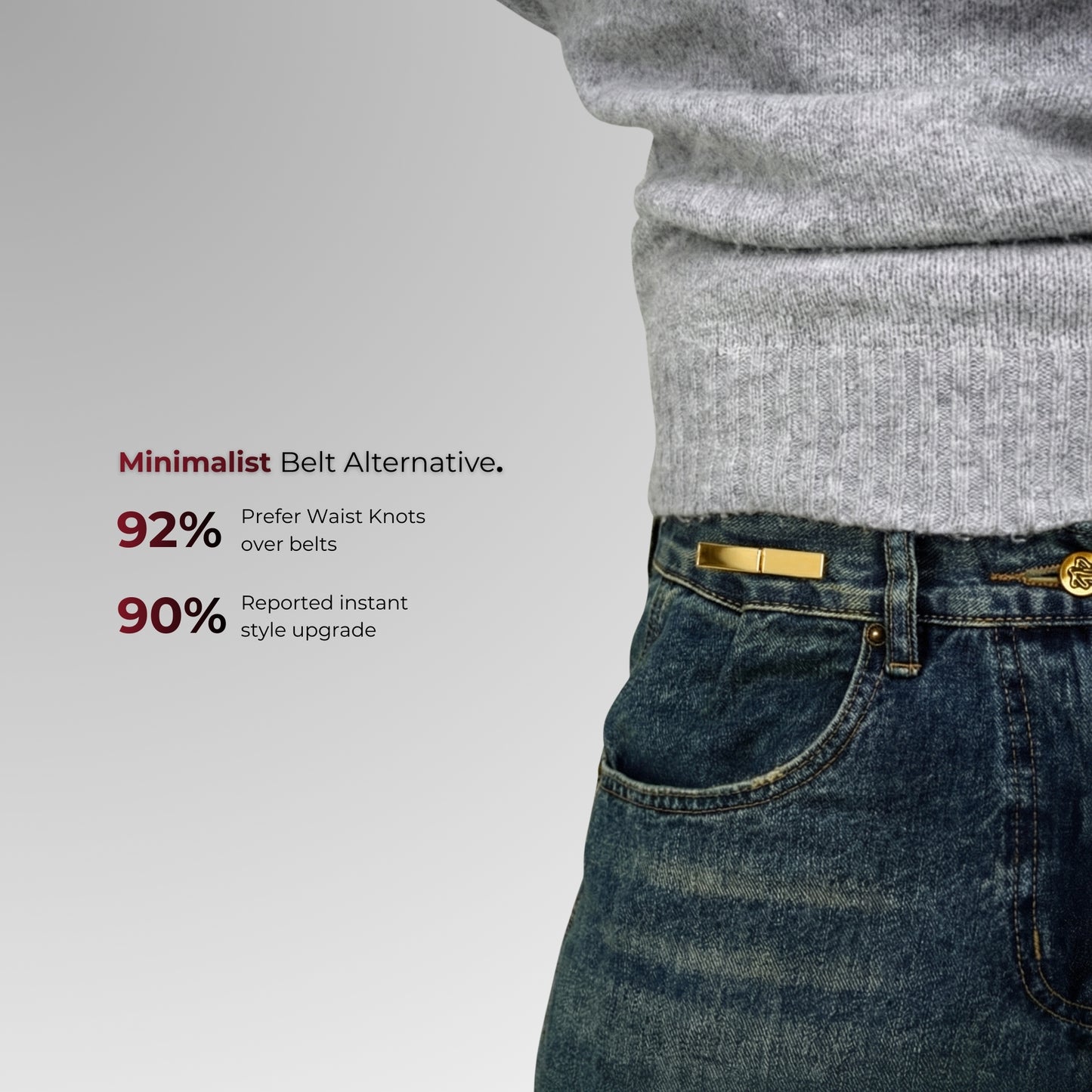 Person wearing jeans with a gold belt buckle on a gray background, featuring text about minimalist belt alternatives.