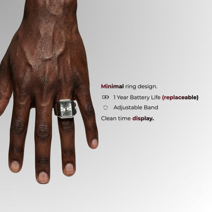 Hand mit einem Ring, auf dem die Produktmerkmale auf grauem Hintergrund aufgeführt sind