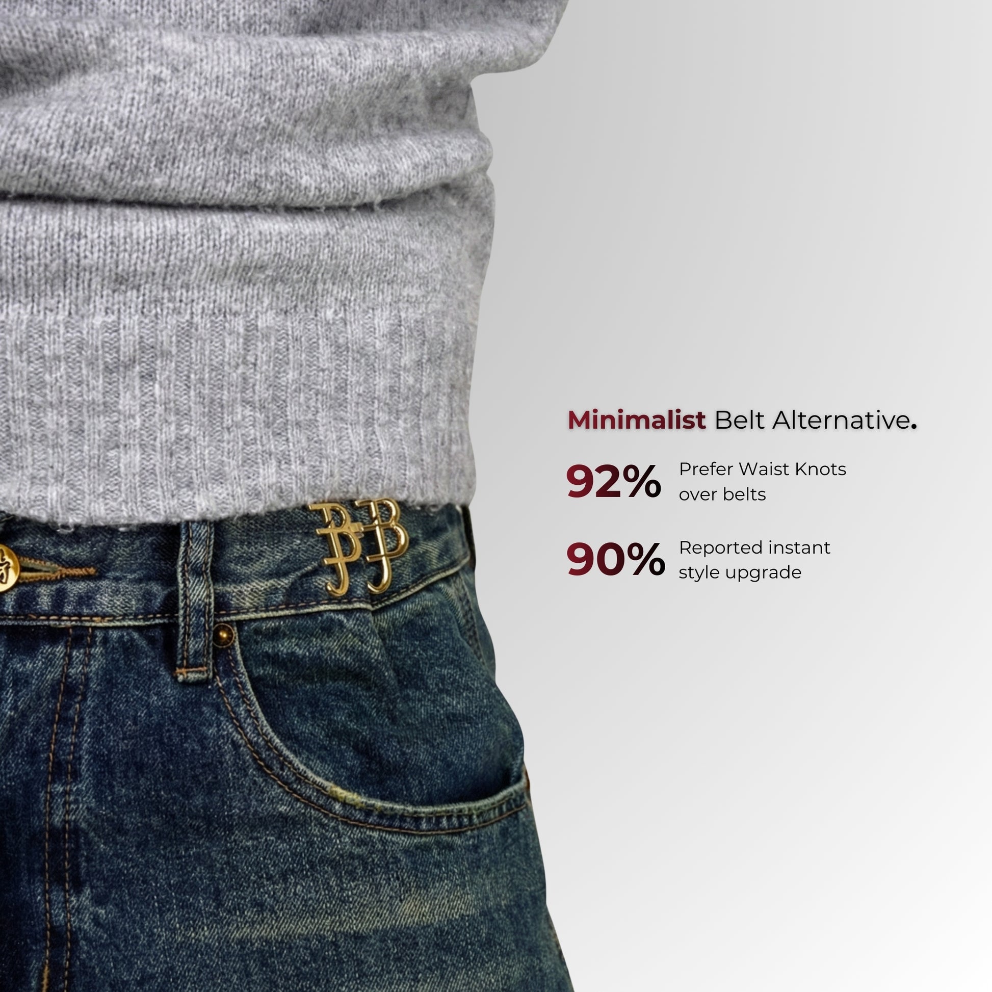 Person wearing jeans with a waist knot instead of a belt, on a white background with text about waist knots.