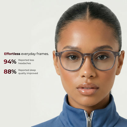 Woman wearing glasses with text on a gray background