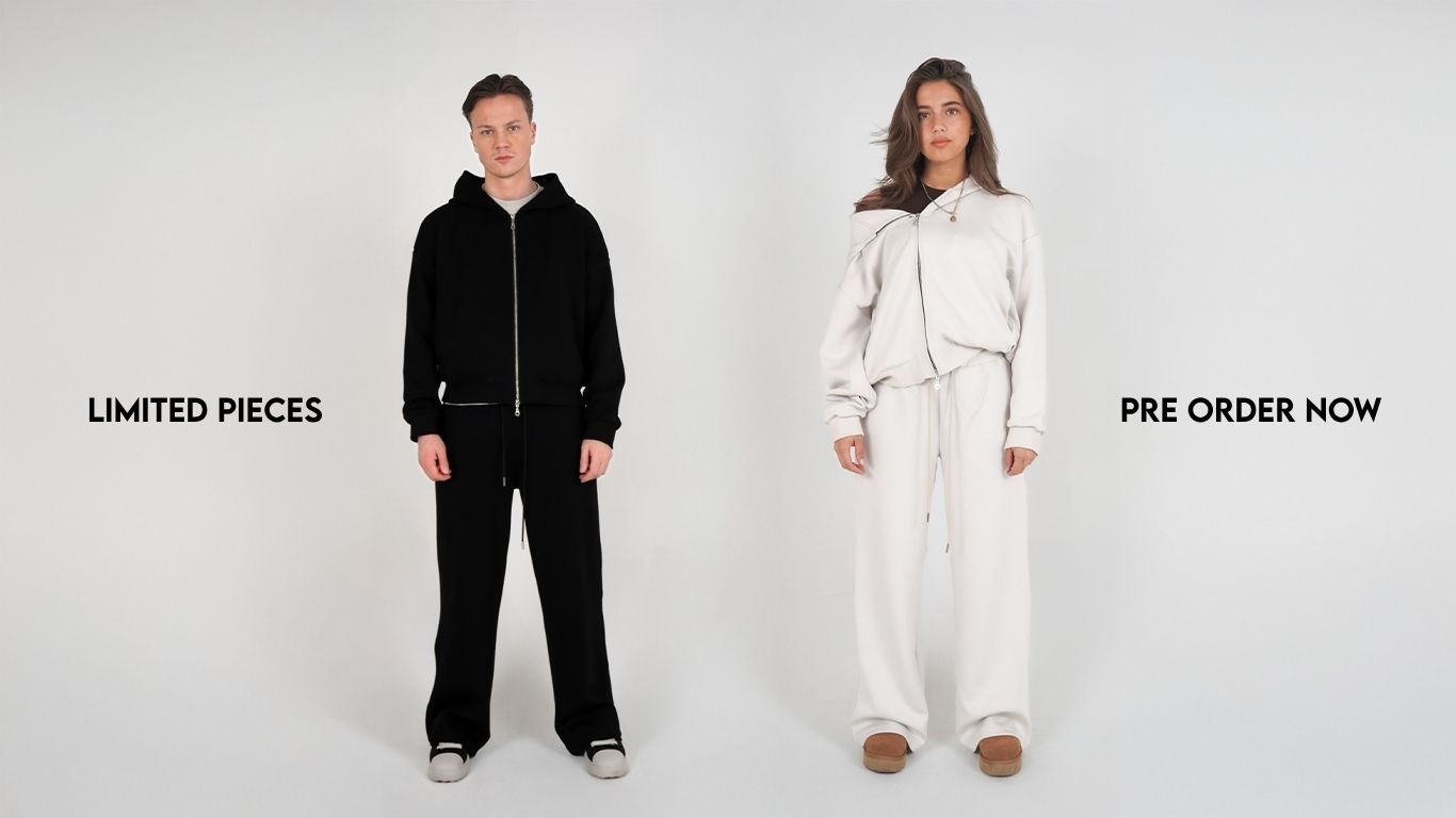 Two people wearing black and white outfits with text about limited pieces and pre-ordering.