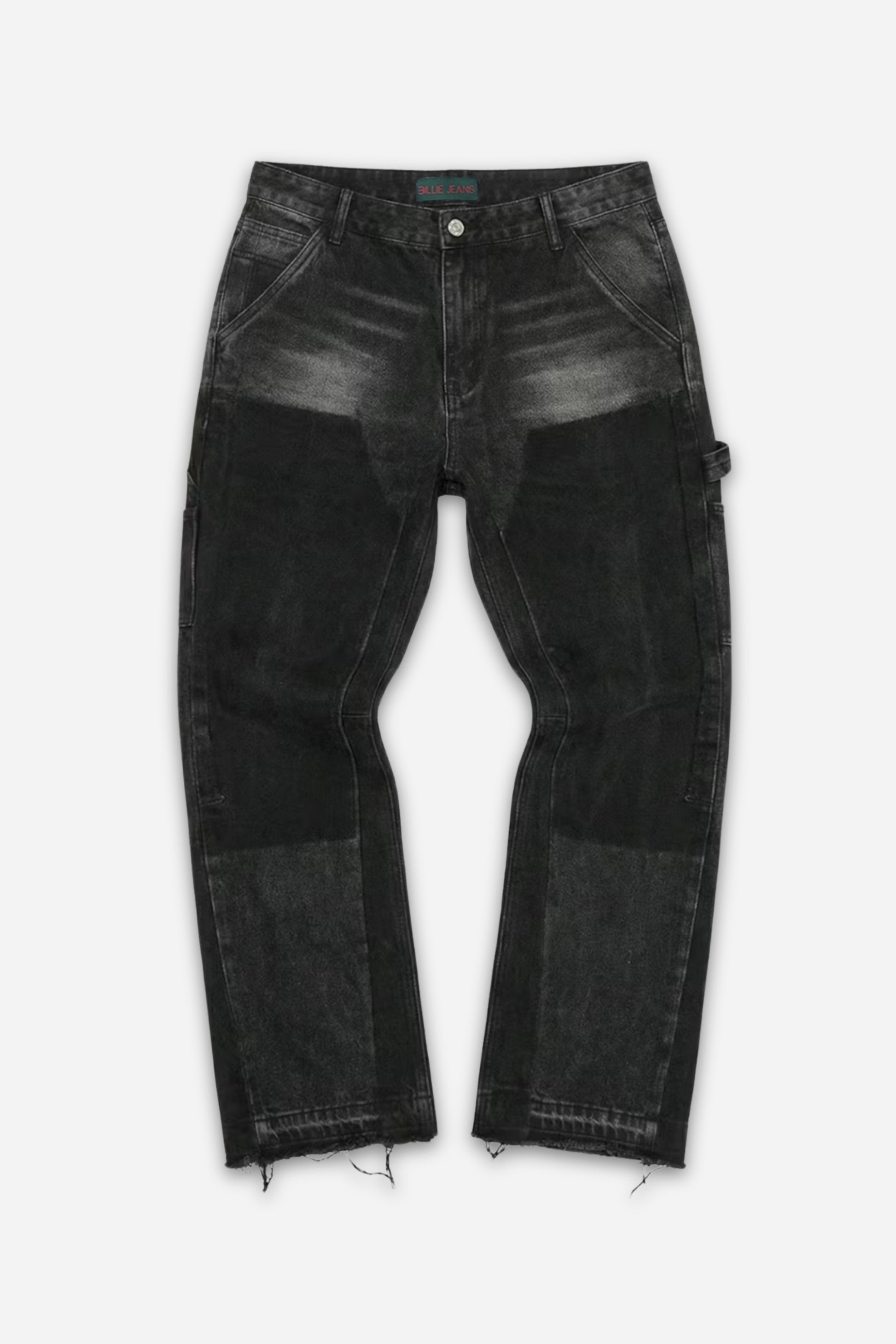 Black washed carpenter jeans with paneled construction and raw-cut hems by Billie Jeans