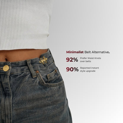 Person wearing a white top and dark jeans with a gold button, featuring text about a minimalist belt alternative.