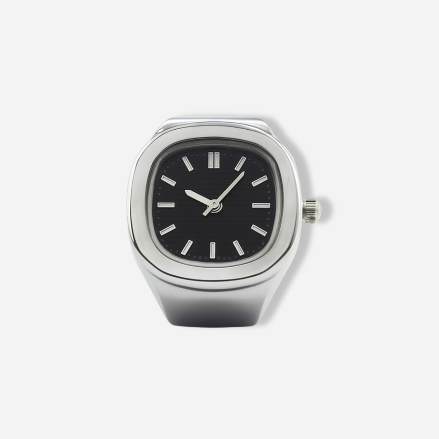 Silver ring watch with a black face on a white background