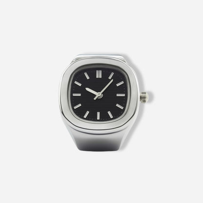 Silver ring watch with a black face on a white background