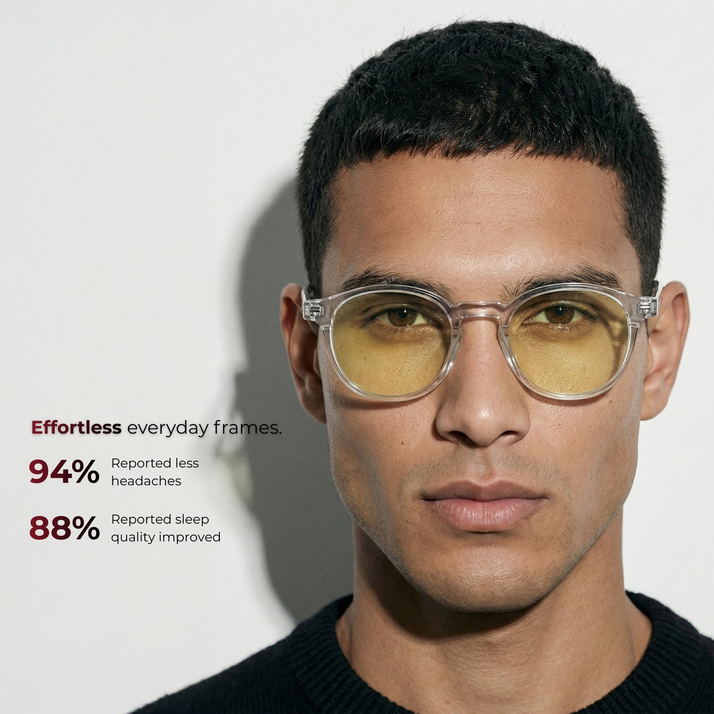 Man wearing yellow-tinted glasses with text on a white background