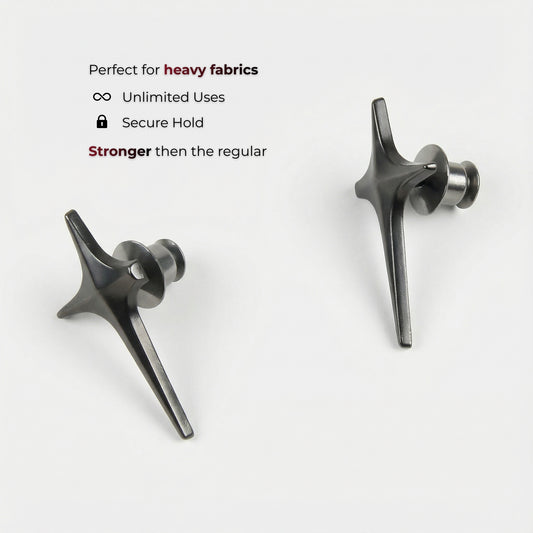 Two metal hooks on a white background with text highlighting features.