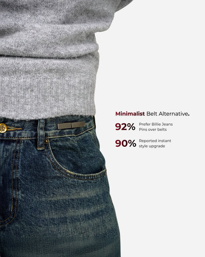 Close-up of a person wearing a gray sweater and blue jeans with a minimalist belt alternative.