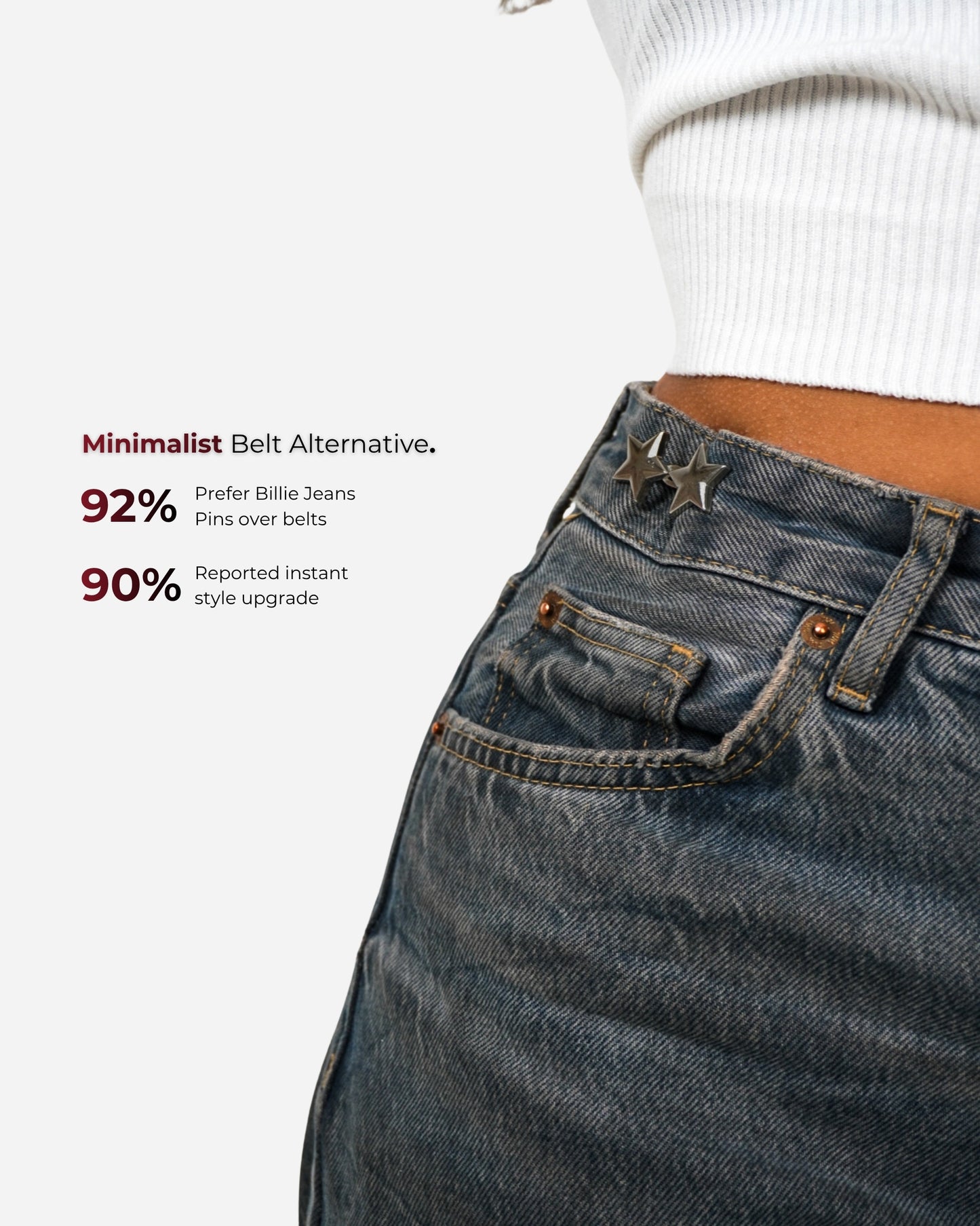 Close-up of denim with star pins on waistband and text about belt alternatives.