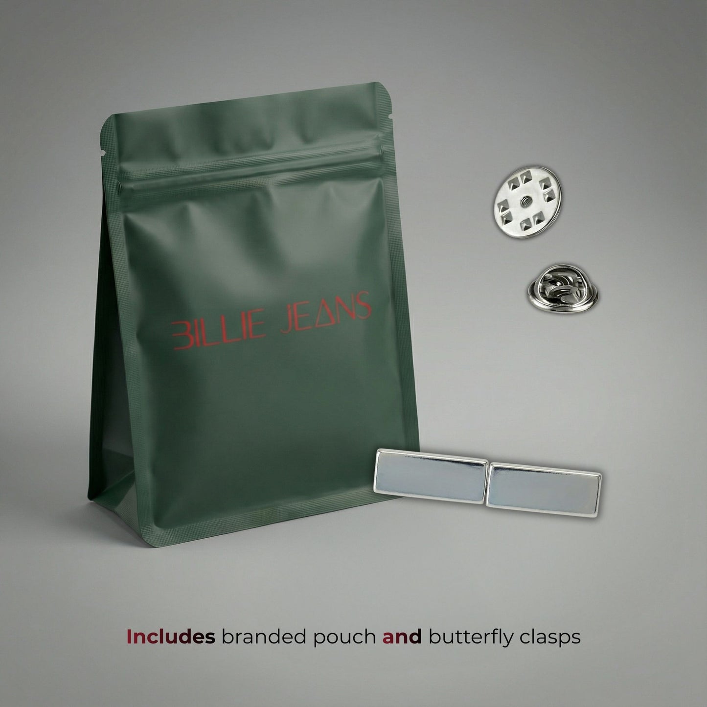 Green branded pouch with butterfly clasps on a gray background