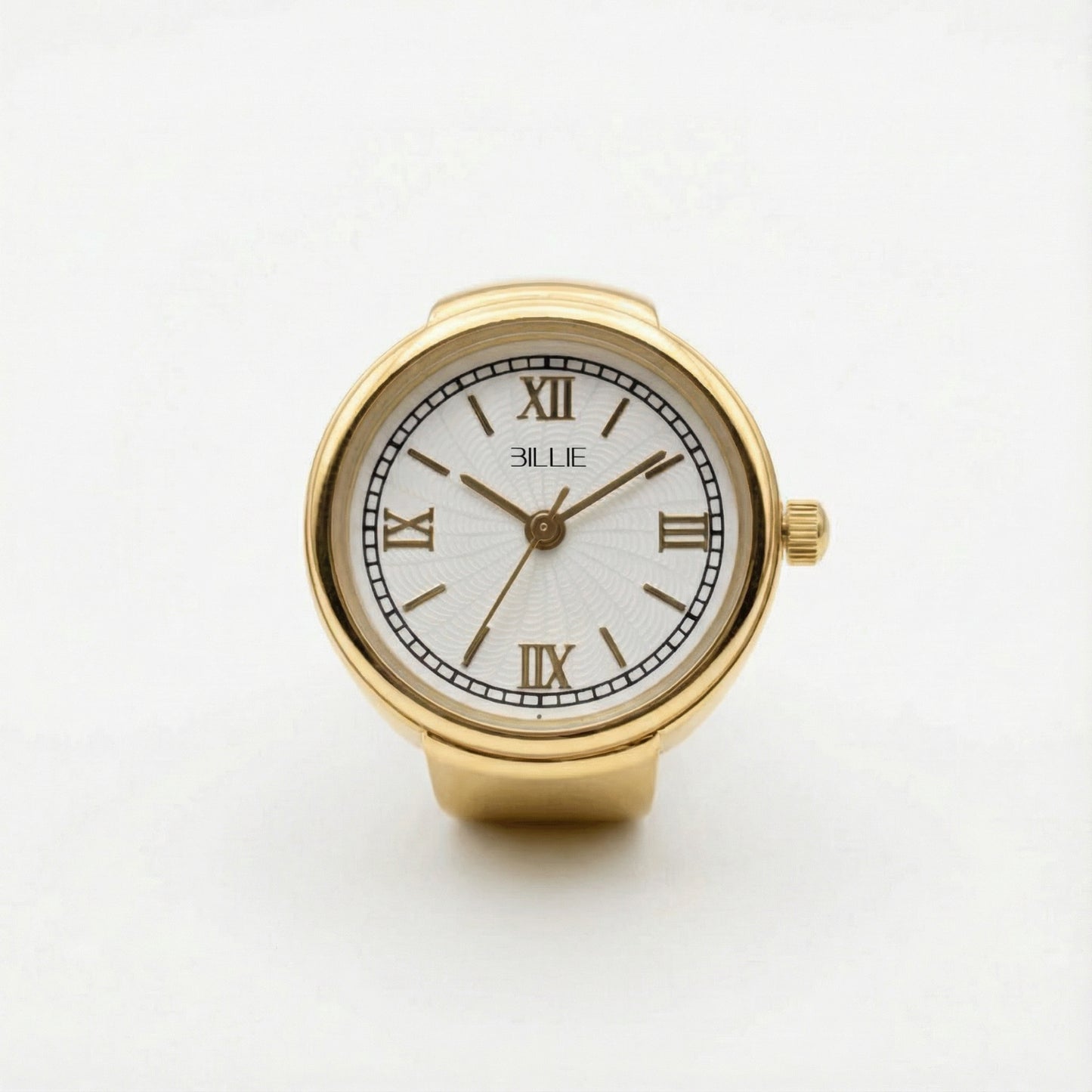 Gold watch with white face and Roman numerals on a light gray background