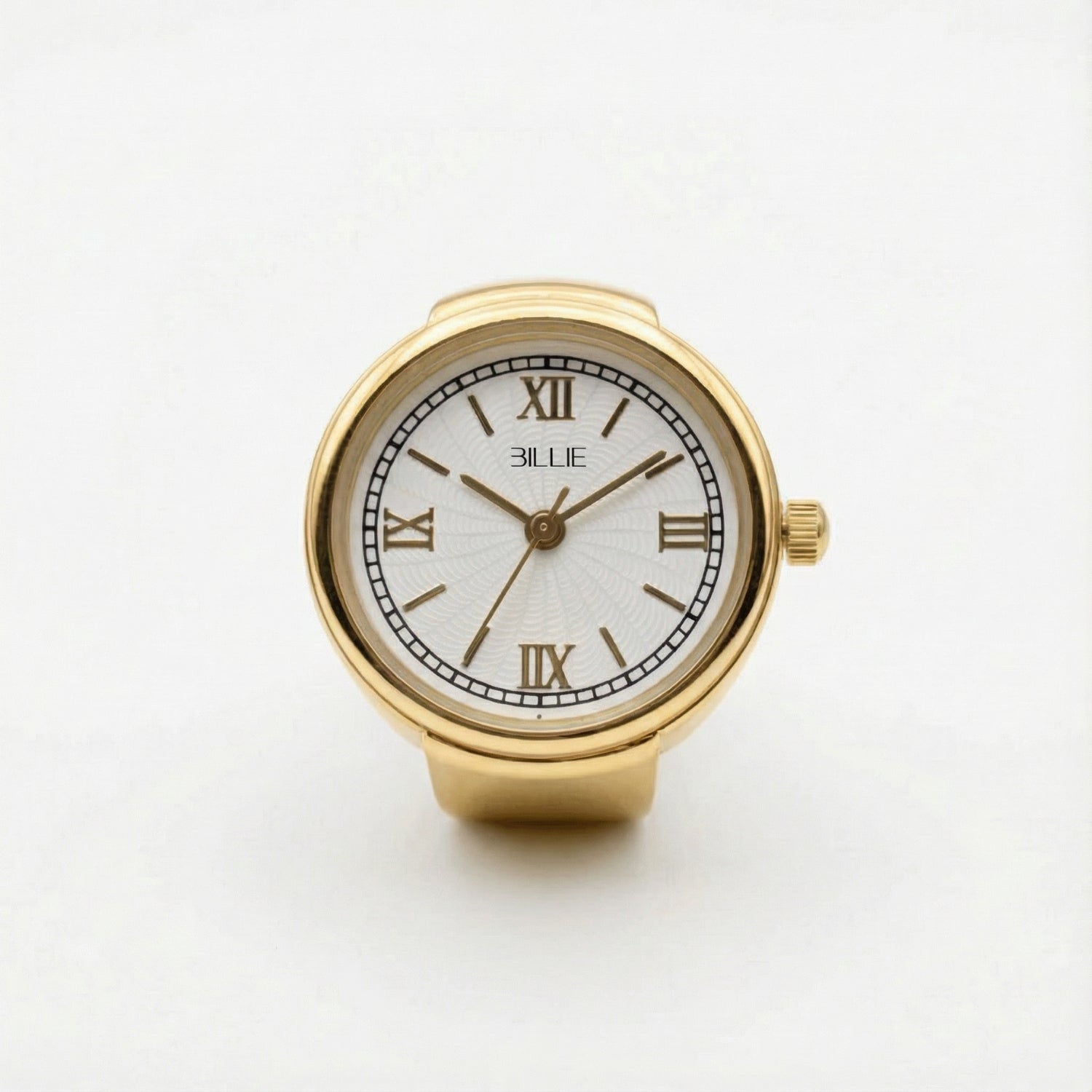 Gold watch with white face and Roman numerals on a light gray background