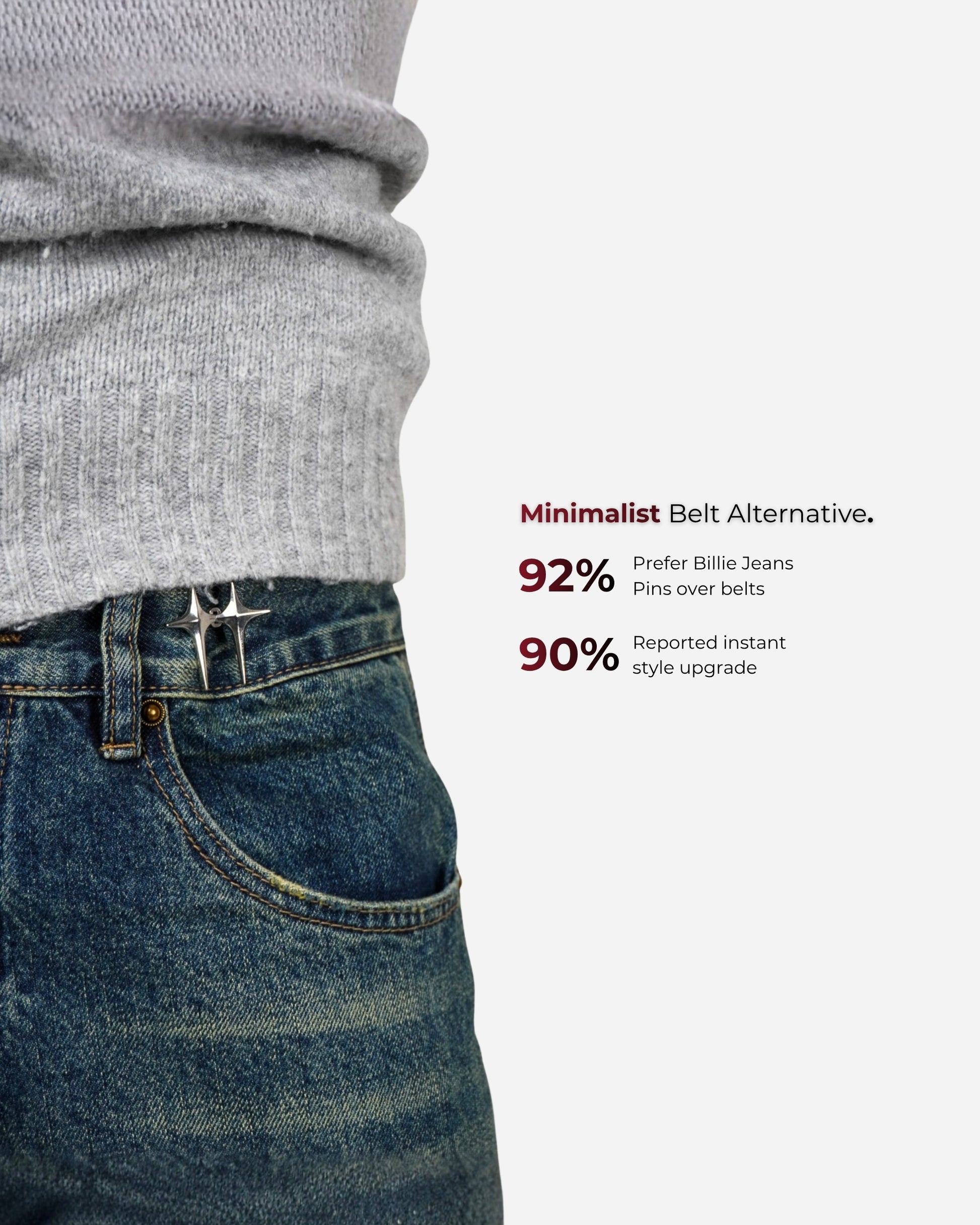 Close-up of a person wearing a gray sweater and jeans with a pin on the waistband.