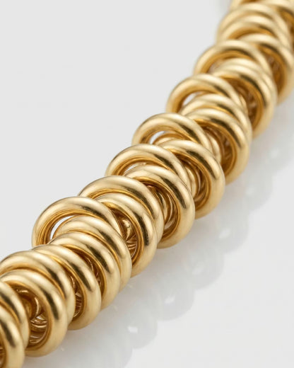 Close-up of a gold chain with interlocking circular links on a light background.
