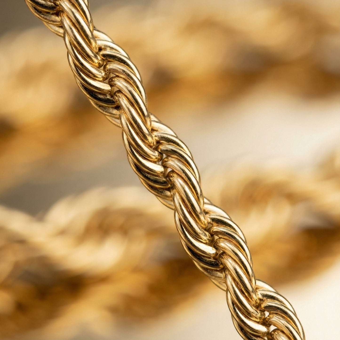 Close-up of a gold rope chain with a blurred background