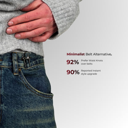 Person wearing jeans with text about waist knots and minimalist belt alternatives.