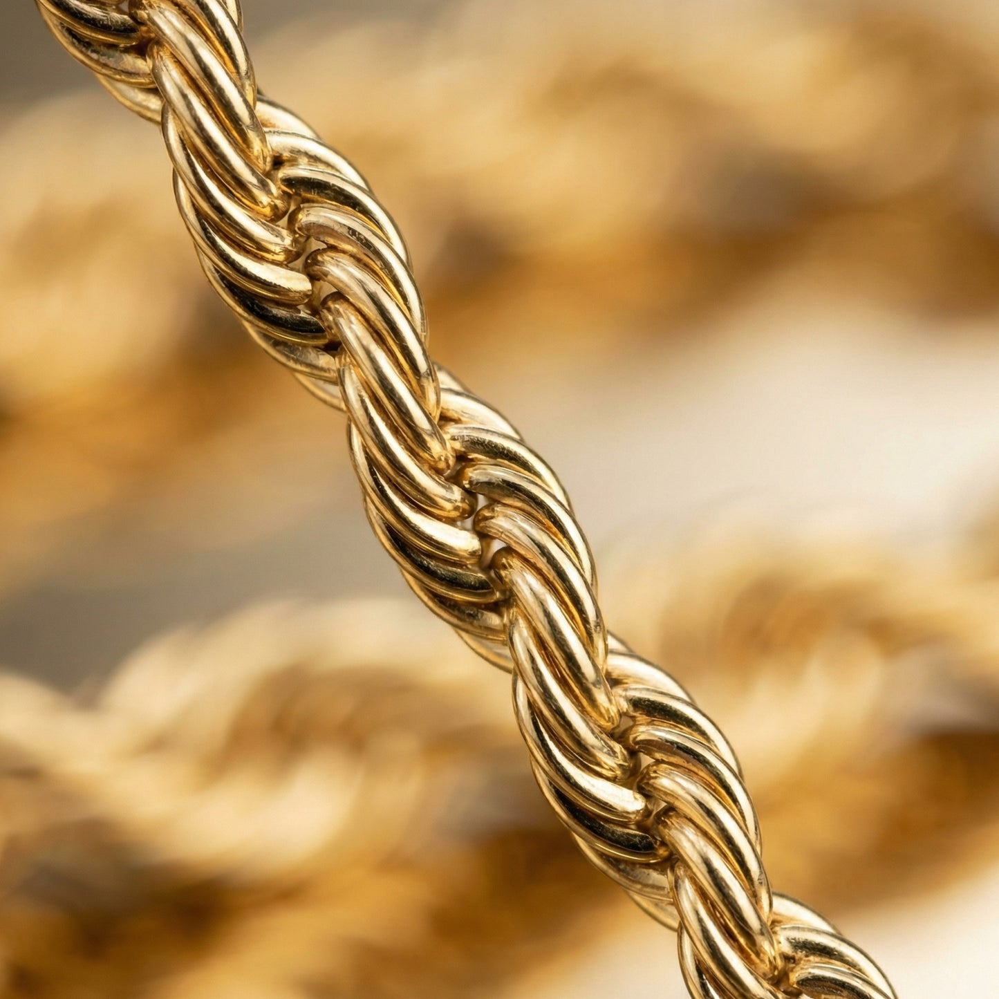 Close-up of a gold rope chain with a blurred background