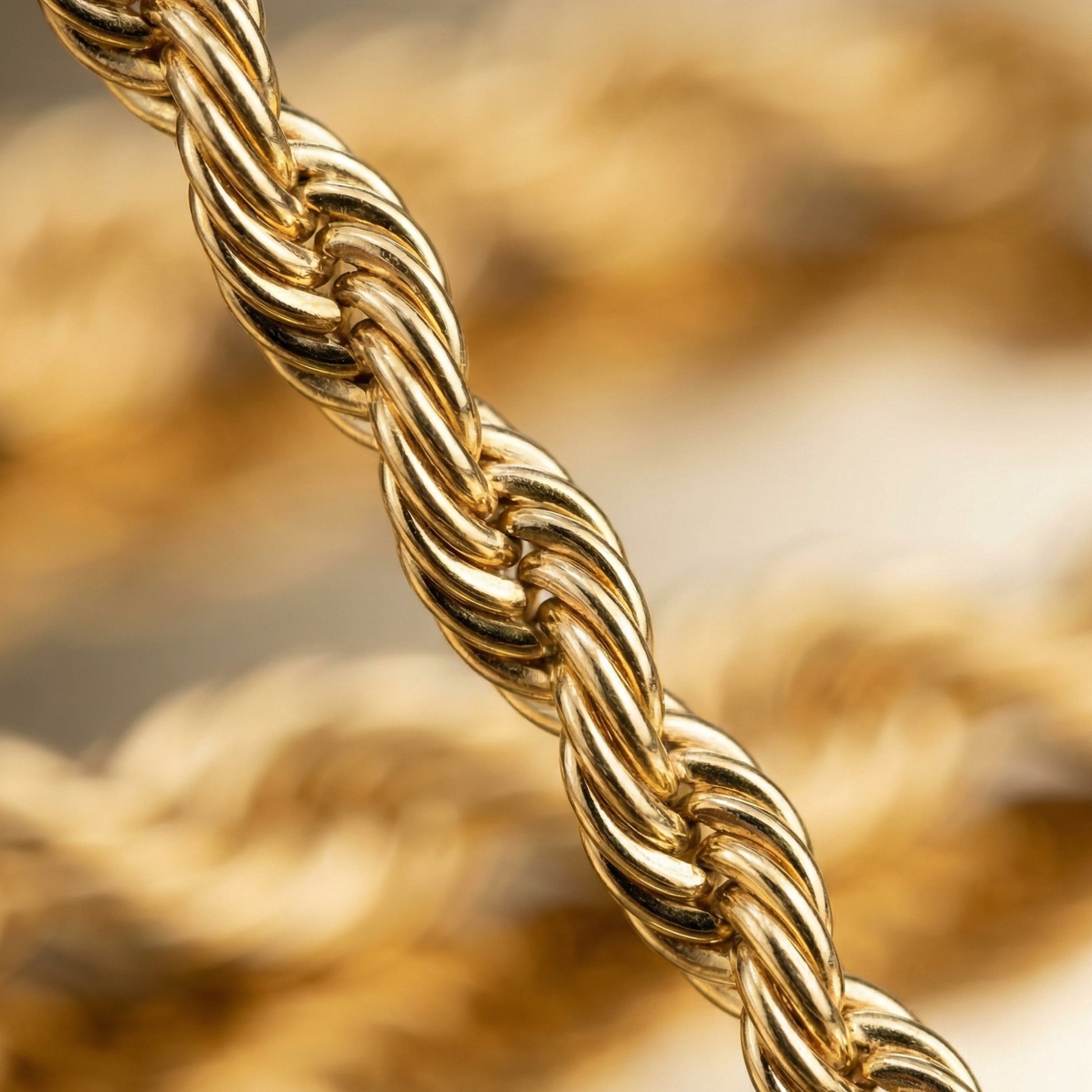 Close-up of a gold rope chain with a blurred background